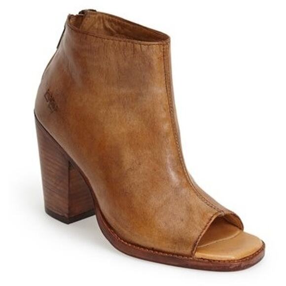Bed Stu Onset Peep Toe Bootie Tan Leather Chunky Heel Zip Back Size 8.5 - Picture 1 of 12